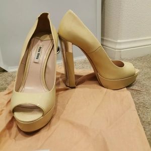 Miu Miu Beige Patent Leather Peep Toe  high heels